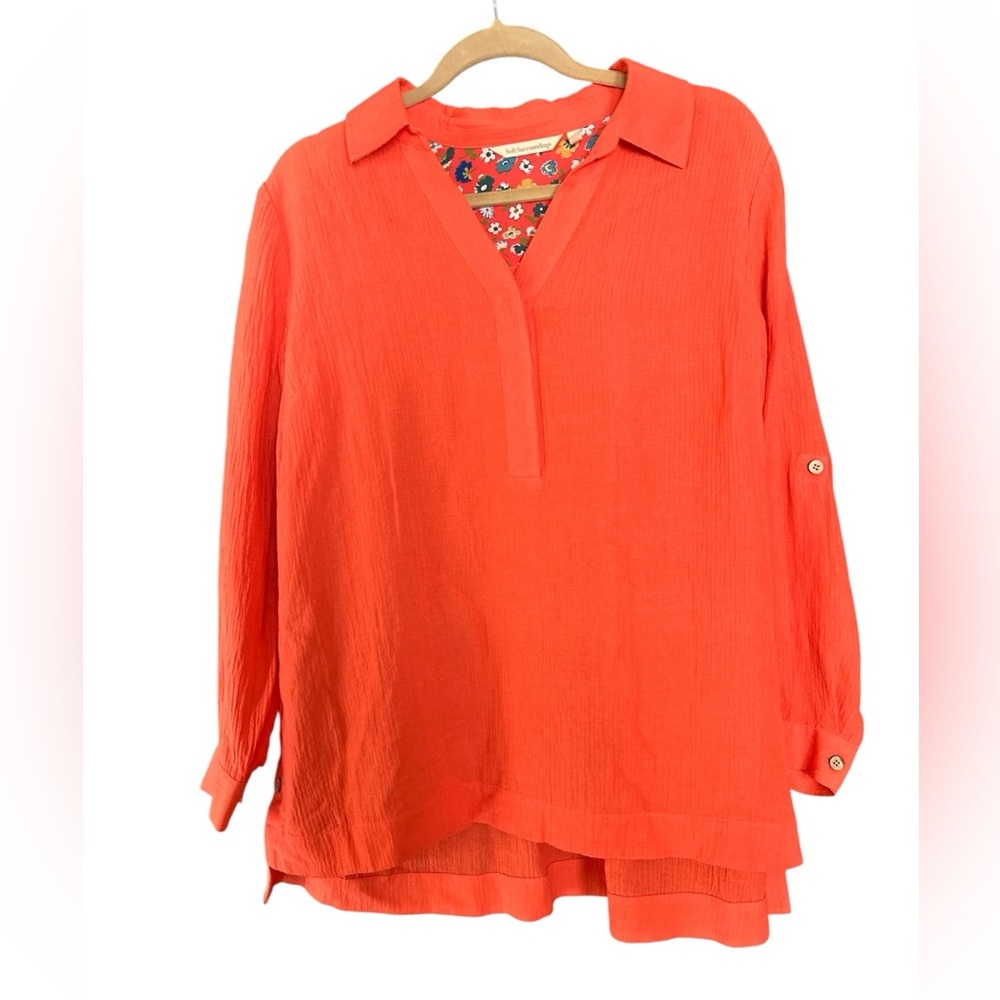 Soft Surroundings Sorano Gauze Tunic Top Orange Roll Tab Sleeve Petite Large